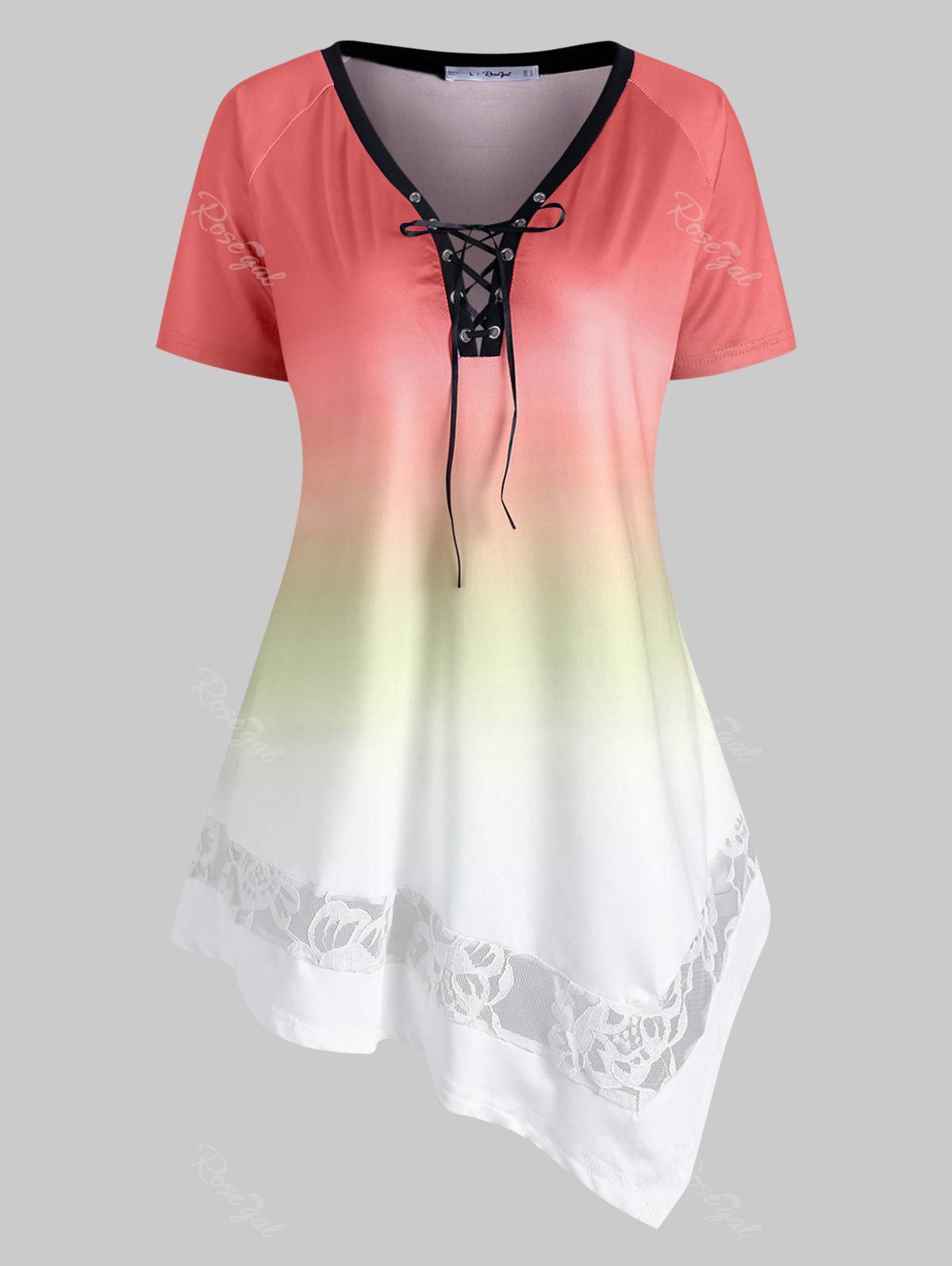 

Plus Size Lace-up Ombre Lace Panel Asymmetrical Tunic Top, Orange
