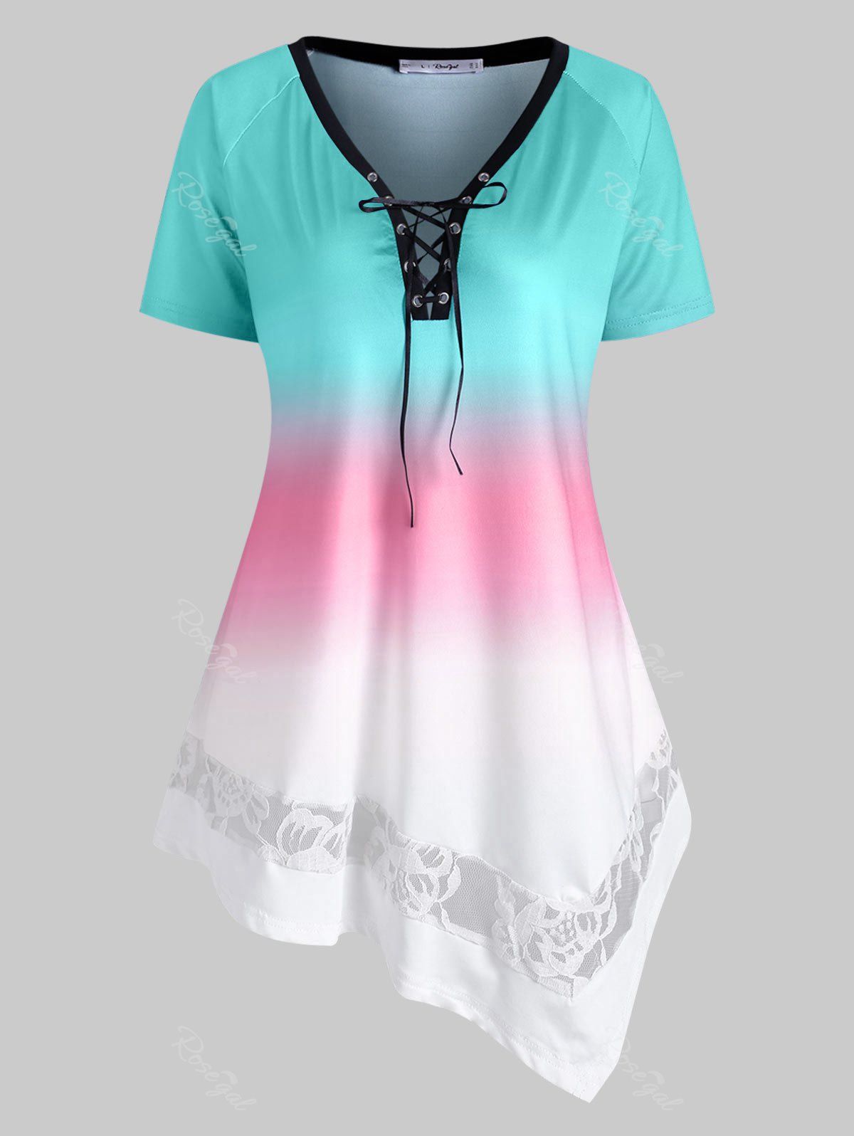 

Plus Size Lace-up Ombre Lace Panel Asymmetrical Tunic Top, Light blue