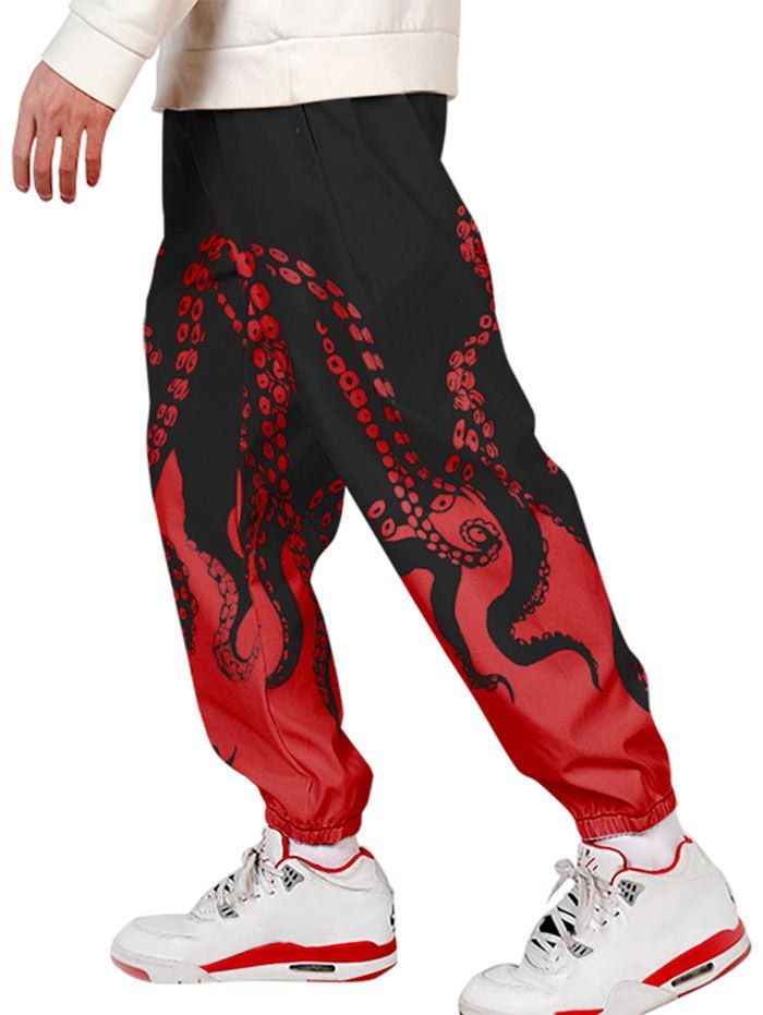 

Drawstring Octopus Print Jogger Pants, Red