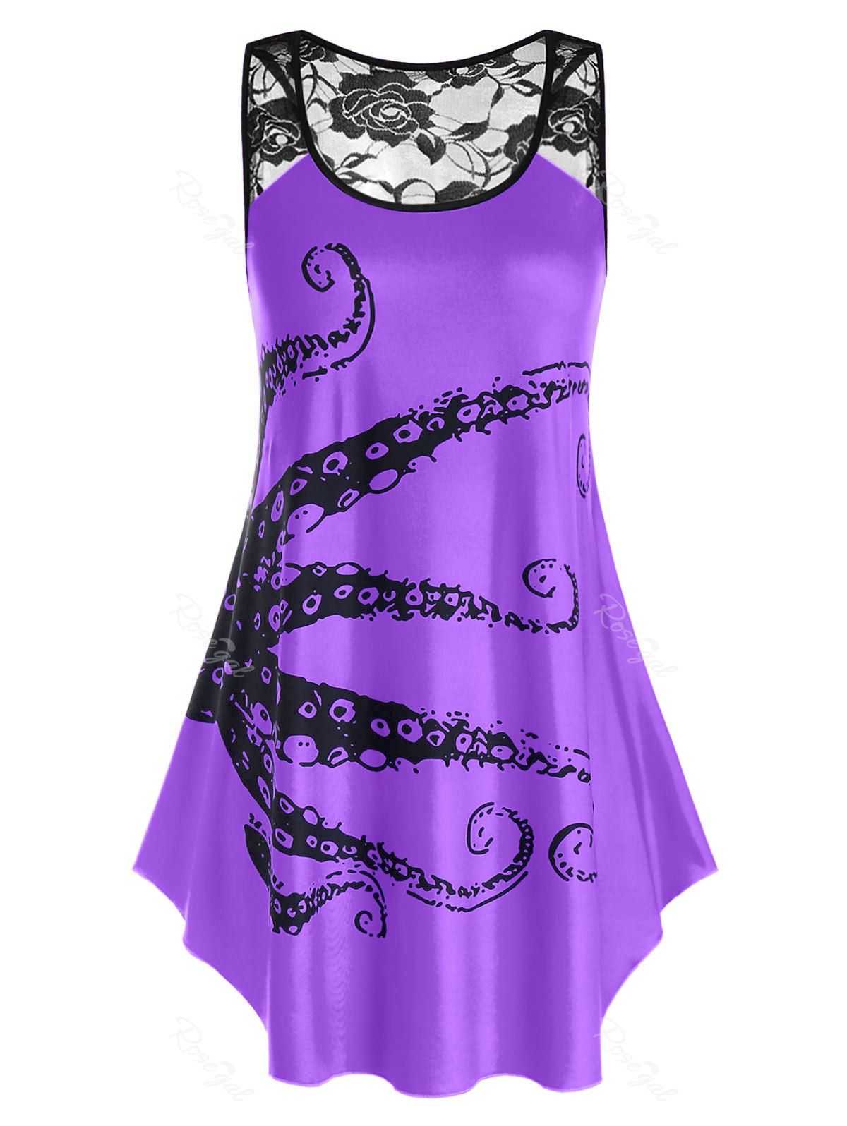 

Plus Size Octopus Print Lace Panel Sheer Racerback Tunic Tank Top, Purple