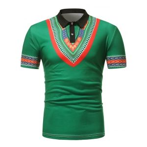 

Tribal Pattern Print Turn-down Collar T Shirt, Green