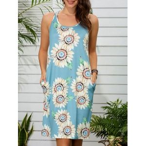 

Sunflower Print Side Pocket Tank Dress, Light blue