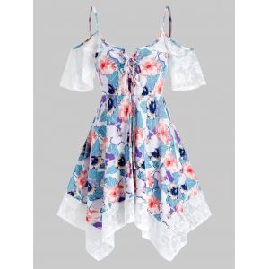 

Plus Size Open Shoulder Floral Print Lace Insert Blouse, White