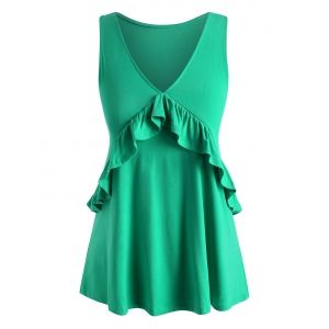 

V Neck Solid Ruffles Plus Size Tank Top, Green