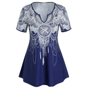 

Plus Size Tribal Print V Notch T Shirt, Deep blue