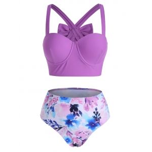 

Bowknot Back Floral Push Up Bikini Swimwear, Light purple