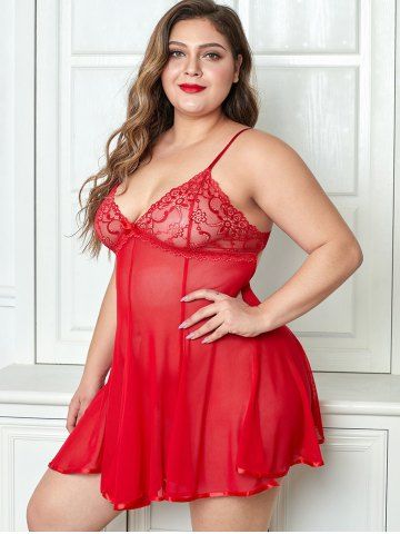 

G-string Tie Back Lace Panel Sheer Mesh Plus Size Lingerie Babydoll, Red