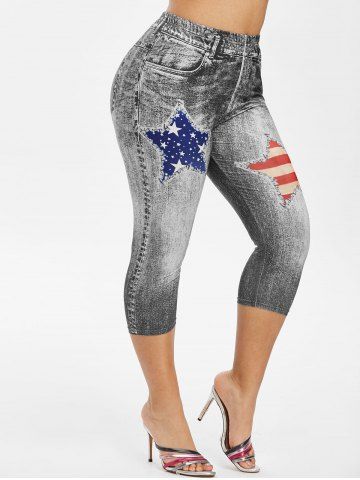 Plus Size American Flag 3D Destroyed Print Capri Jeggings
