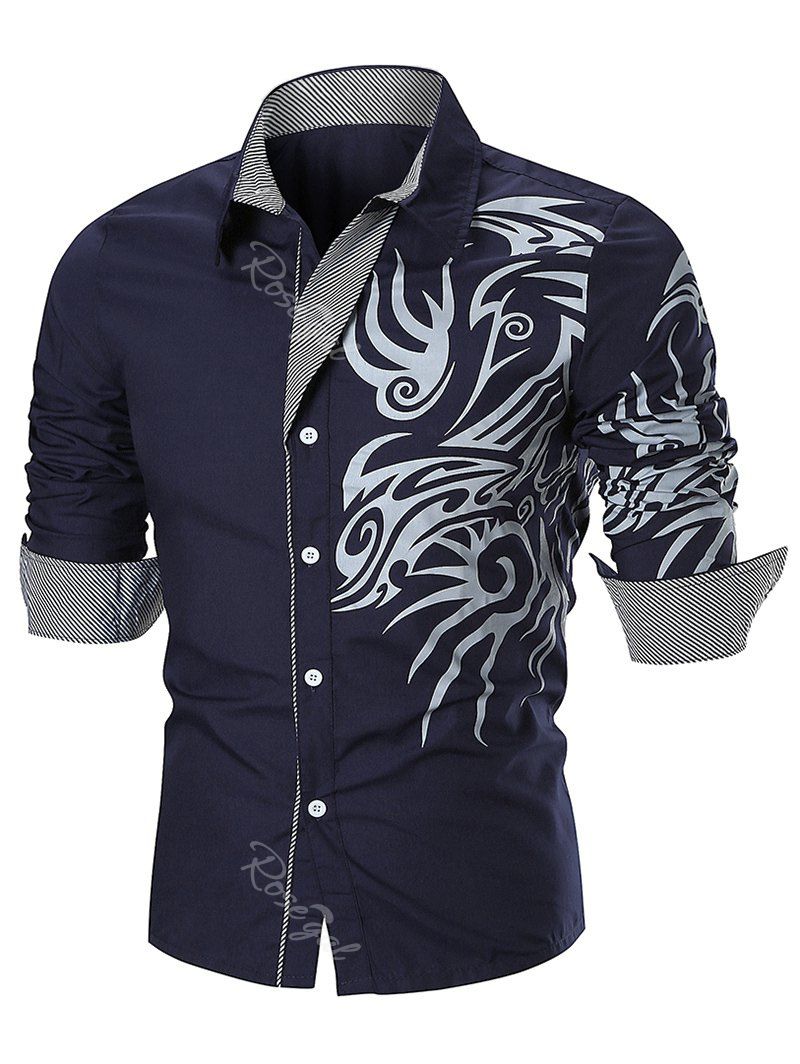 

Tattoo Print Button Up Long Sleeve Shirt, Cadetblue