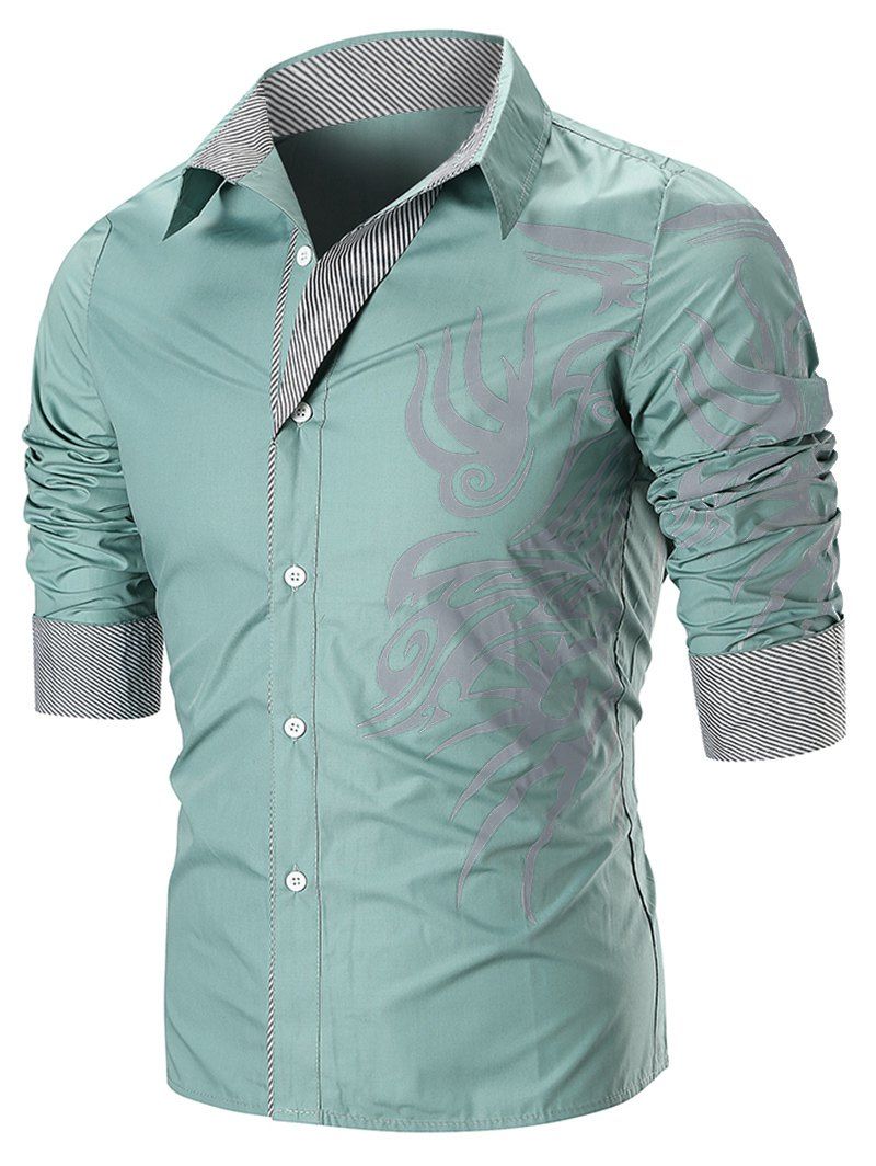 

Tattoo Print Button Up Long Sleeve Shirt, Light green