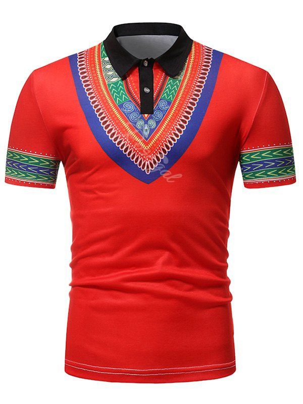 

Tribal Pattern Print Turn-down Collar T Shirt, Red