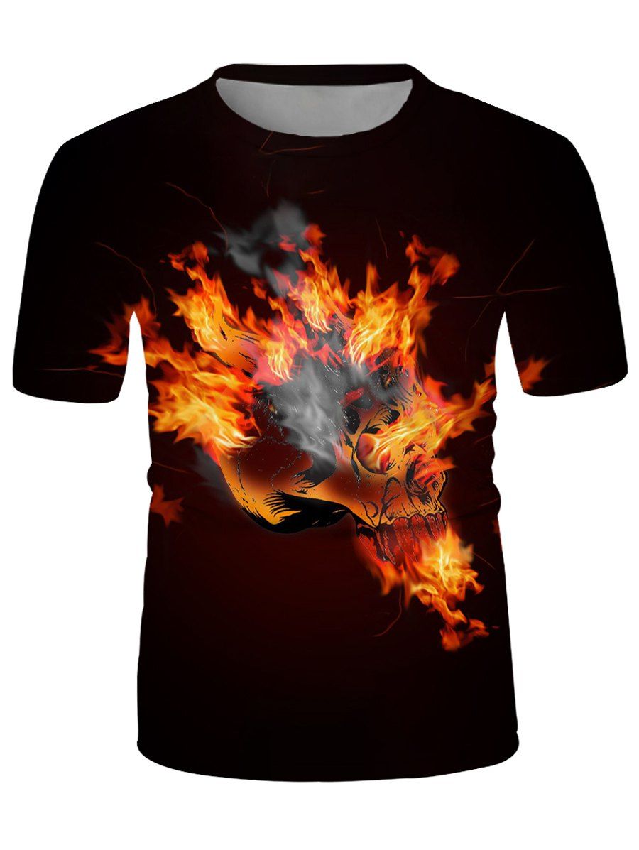 

Flaming Skull Graphic Crew Neck Casual T Shirt, Multi