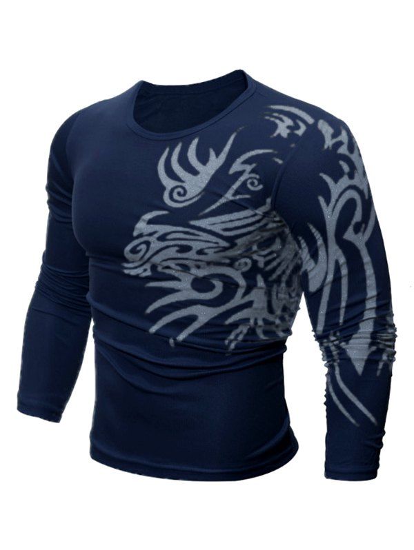 

Tattoo Print Pinhole Long Sleeve T Shirt, Deep blue