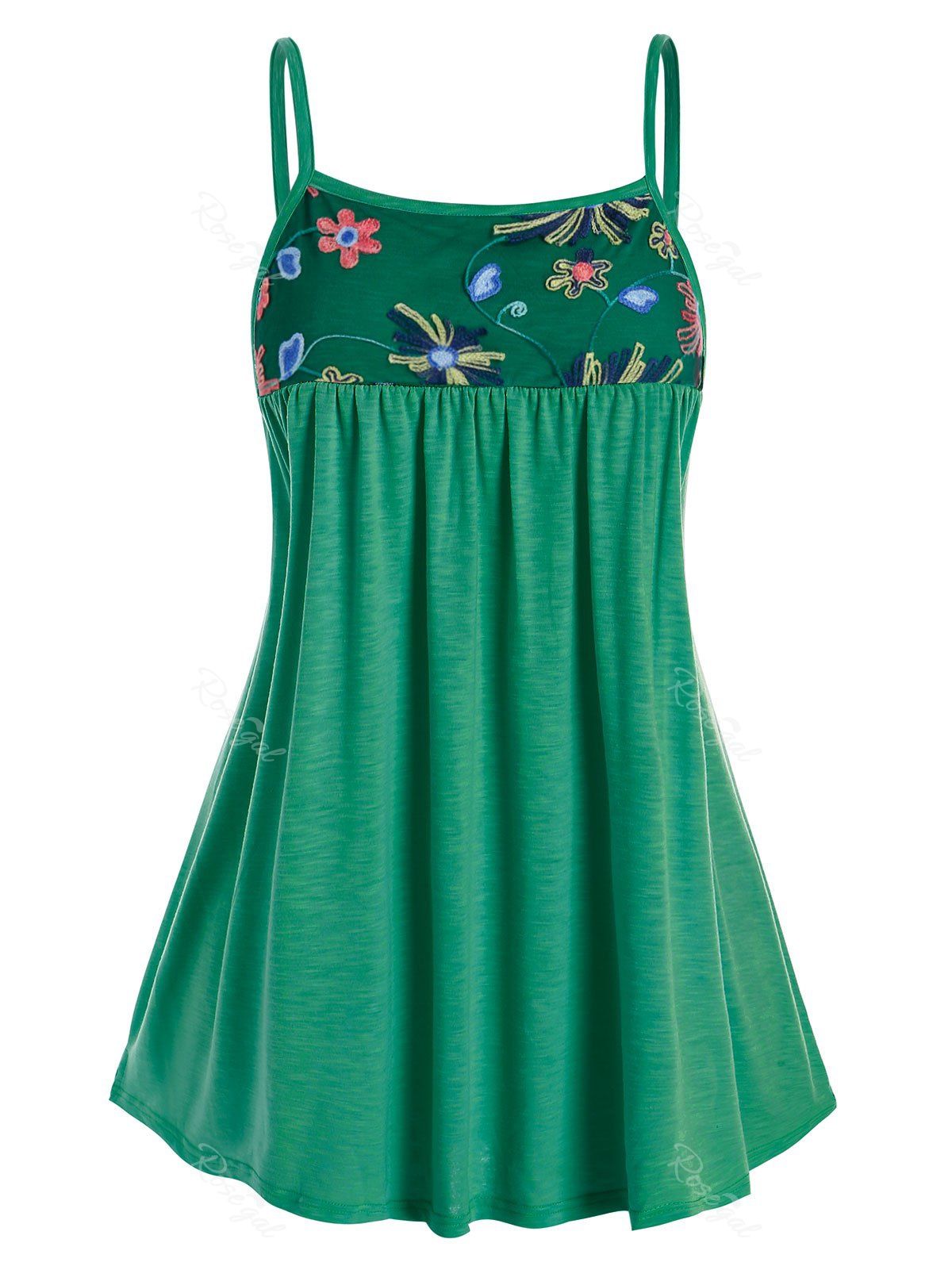 

Plus Size Embroidered Mesh Swing Cami Top, Deep green