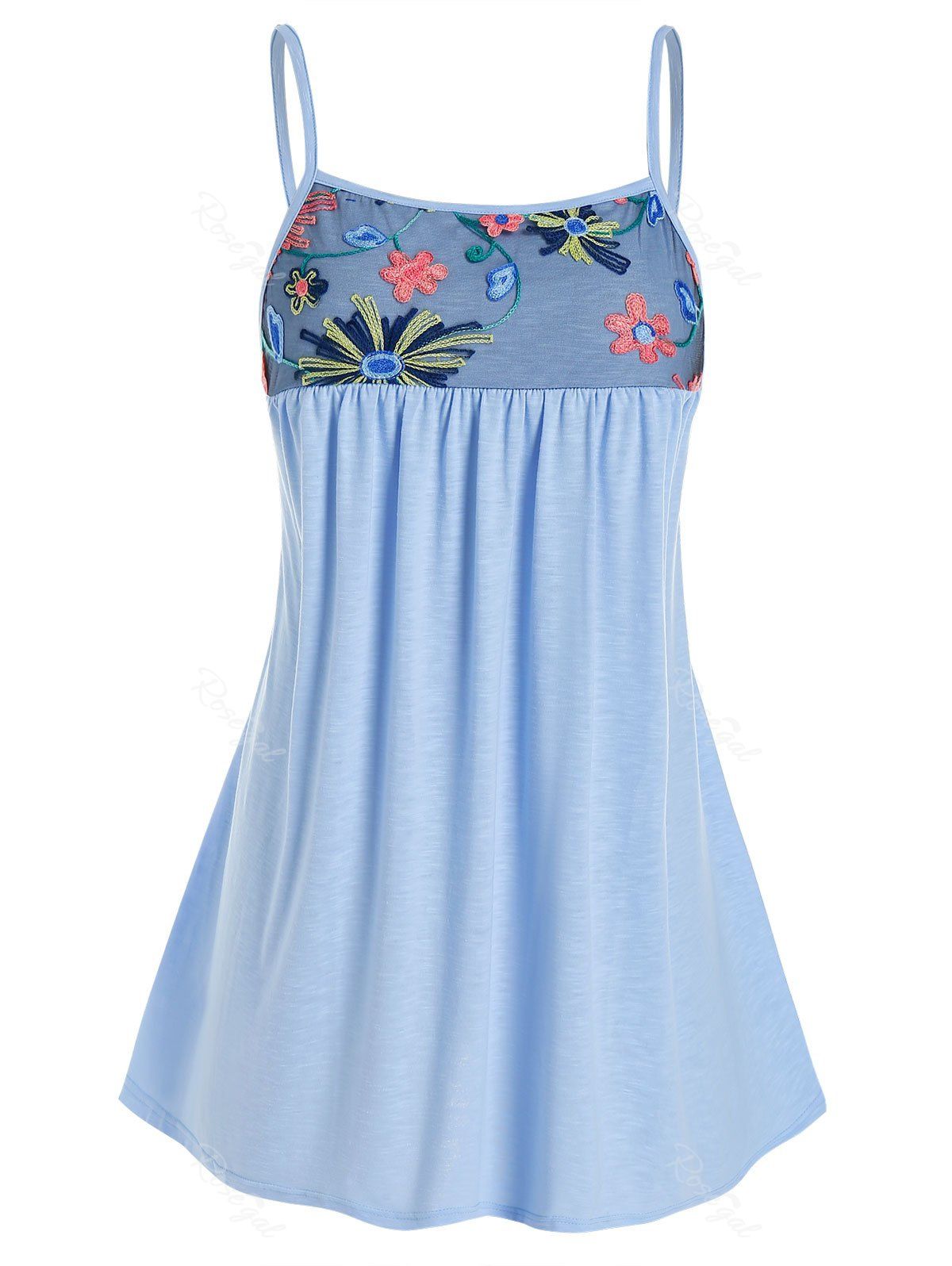 

Plus Size Embroidered Mesh Swing Cami Top, Light blue