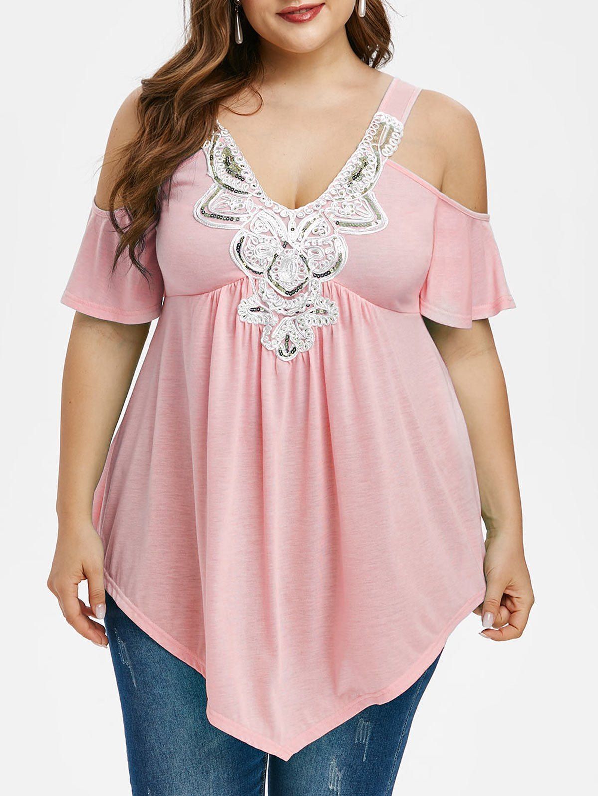 

Plus Size Cold Shoulder Sequin Embellished T Shirt, Pig pink