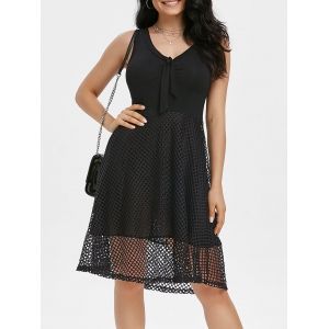 

V Neck Knot Fishnet Overlay A Line Dress, Black