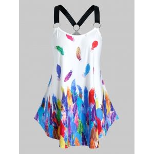 

Plus Size Colorful Feather O-ring Linked V-back Tank Top, White