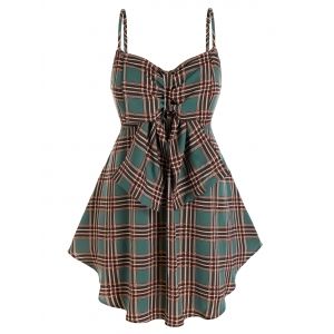 

Plus Size Plaid Bowknot Backless Tunic Cami Top, Medium forest green