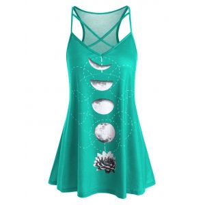 

Plus Size Criss Cross Moon Flower Print Long Cami Top, Light green