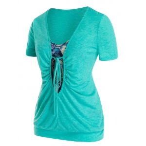 

Plus Size Cutout Print Tie Ruched Blouson Tee, Multi