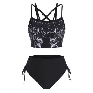 

Strappy Printed Studded Cinched Tankini Swimwear, Black