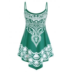 

Plus Size Backless Print Asymmetric Tunic Cami Top, Deep green