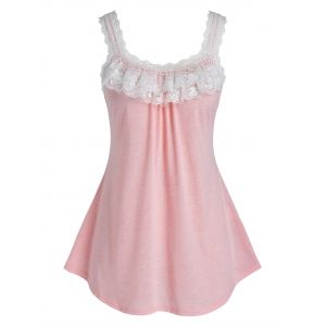 

Plus Size Lace Panel Ruffled Tunic Tank Top, Pig pink