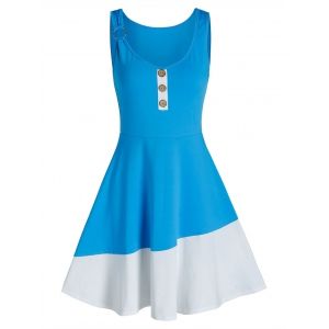 

Sleeveless Mock Button Contrast Flare Dress, Dodger blue