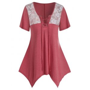 

Plus Size Lace Panel Lace Up Hanky Hem Tunic Tee, Cherry red