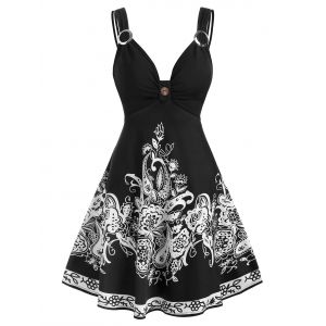 

Flower Print Buckle Mini A Line Dress, Black