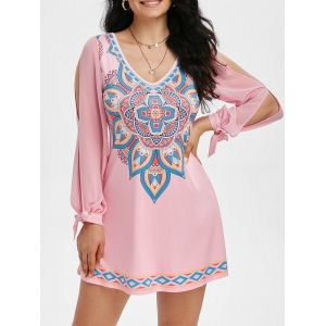 

Tribal Print V Neck Knotted Split Sleeve Dress, Pink