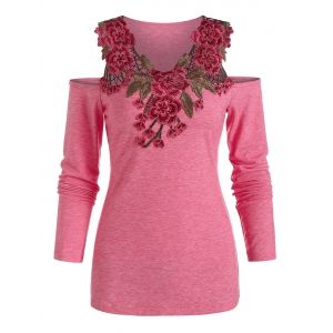 

Cold Shoulder Flower Lace Insert Heathered T-shirt, White