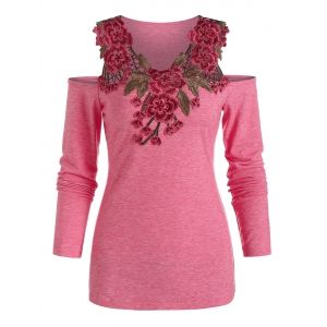 

Cold Shoulder Flower Lace Insert Heathered T-shirt, Pink