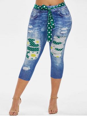 3D Print Dotted Daisy Belted Plus Size Capri Jeggings