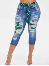 3D Print Dotted Daisy Belted Plus Size Capri Jeggings -  