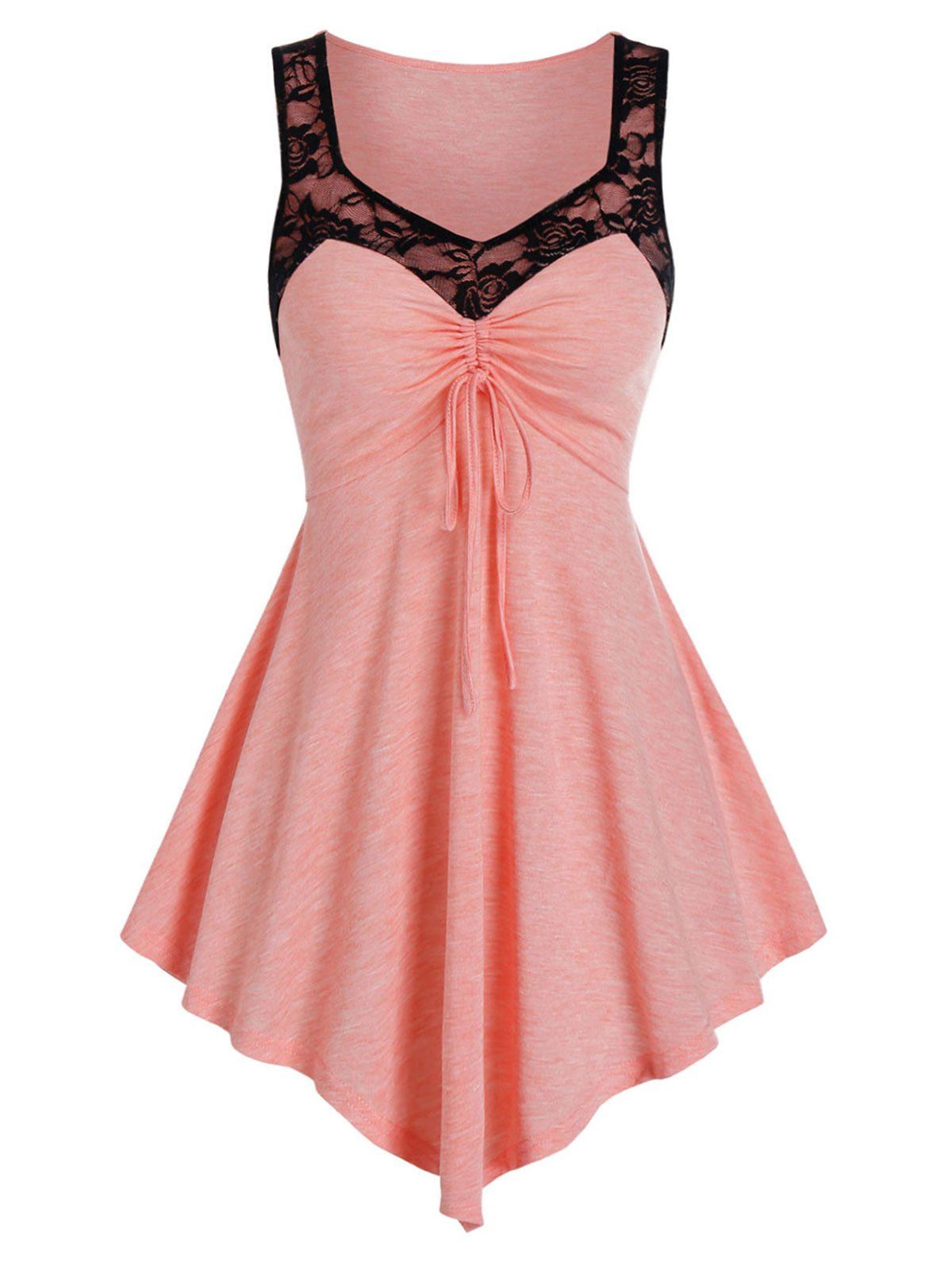 

Lace Panel Drawstring Asymmetrical Tank Top, Pink rose
