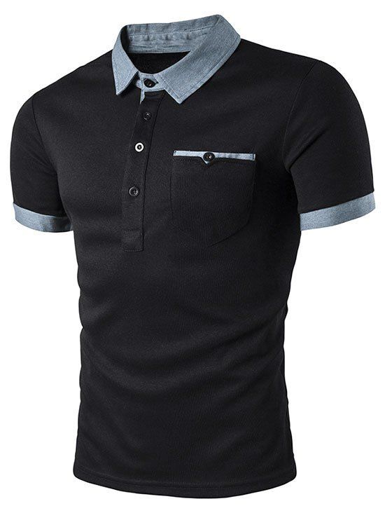 

Contrast Patch Pocket Turn-down Collar T-shirt, Black
