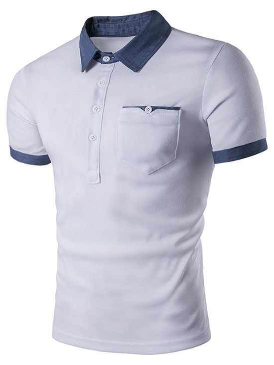 

Contrast Patch Pocket Turn-down Collar T-shirt, White