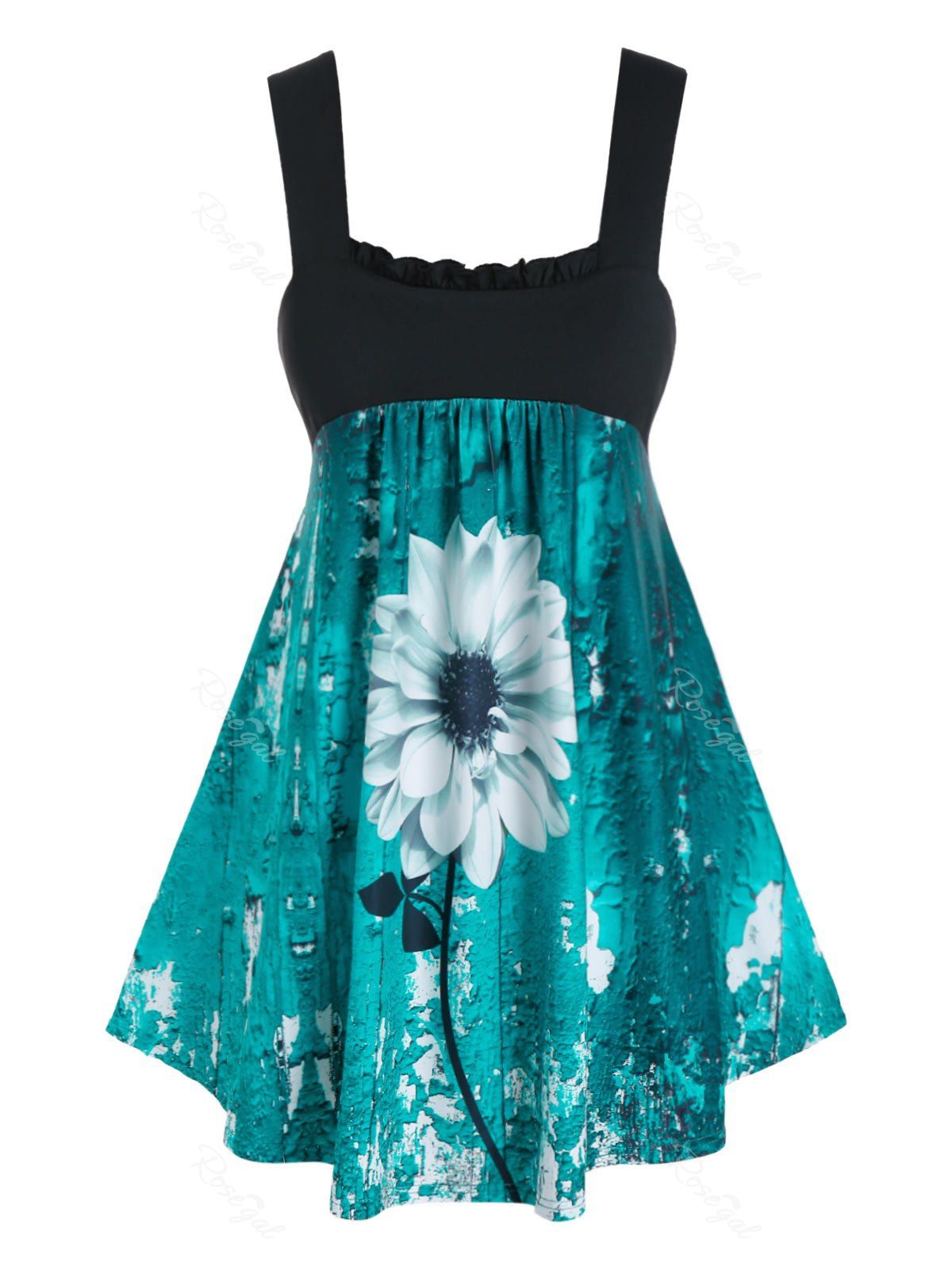 

Plus Size 3D Flower Print Empire Waist Tank Top, Turquoise