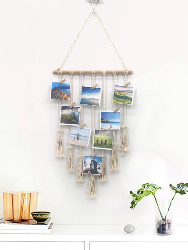 

Home Decor Tasseled Macrame Wall Hanging Photo Holder with Clips, Multi-a