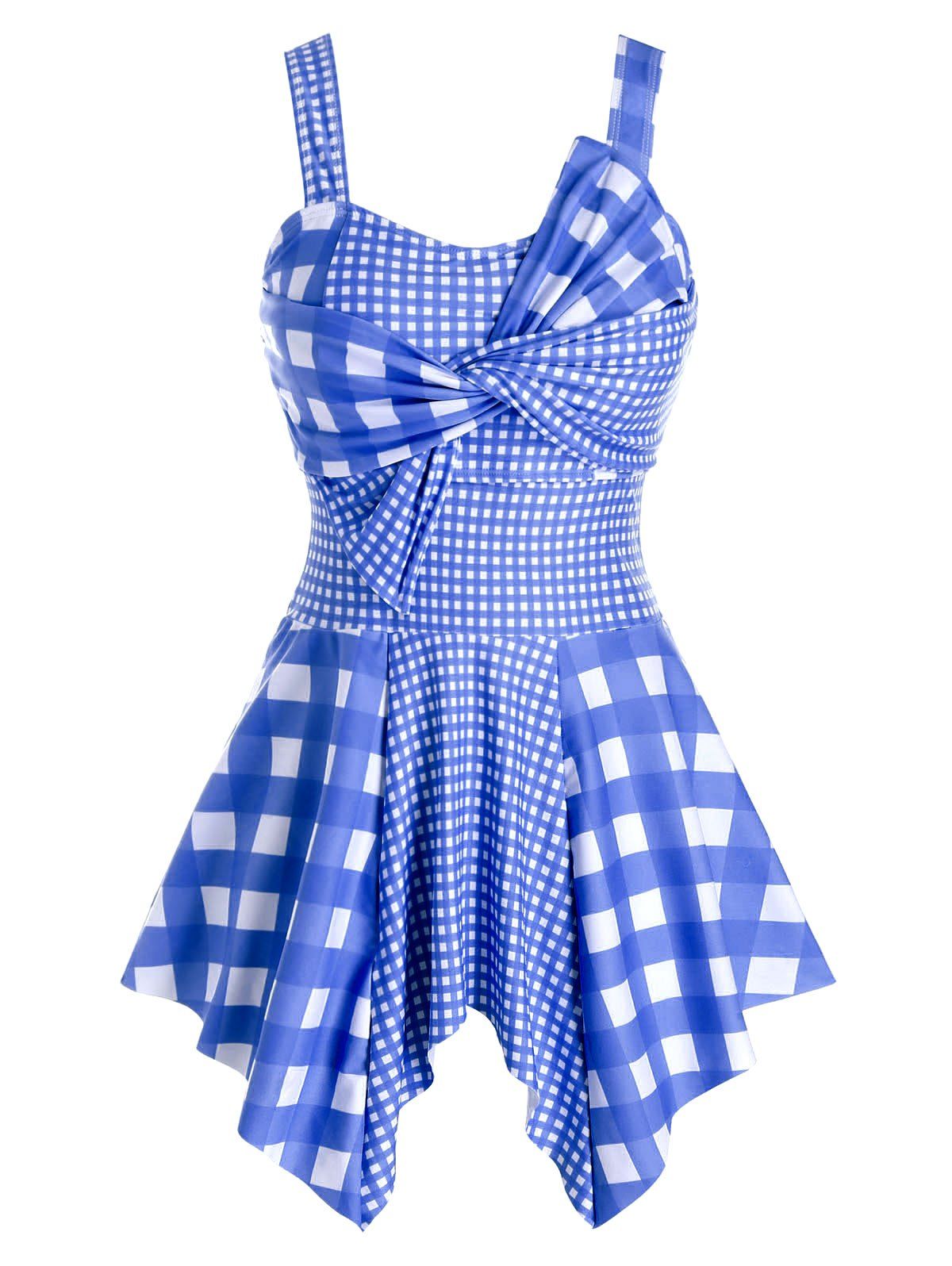 

Plus Size Plaid Twist Handkerchief Asymmetric Tankini Swimwear, Deep blue