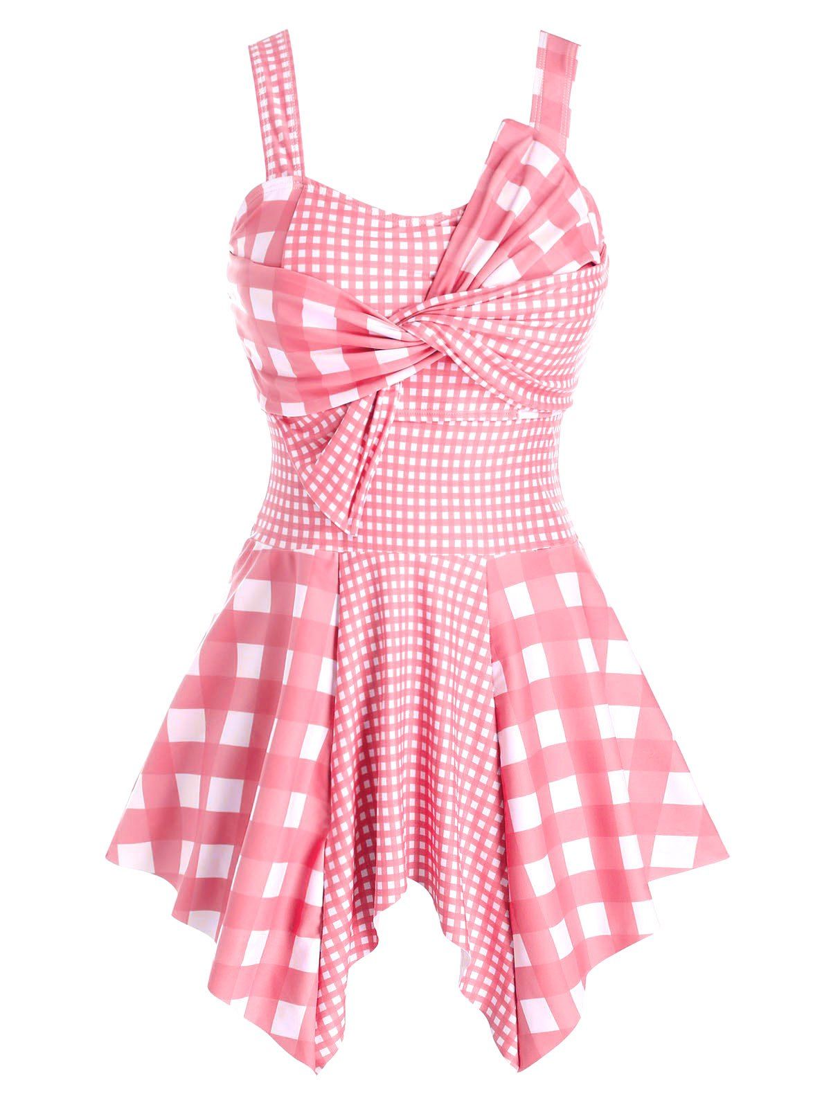 

Plus Size Plaid Twist Handkerchief Asymmetric Tankini Swimwear, Light pink