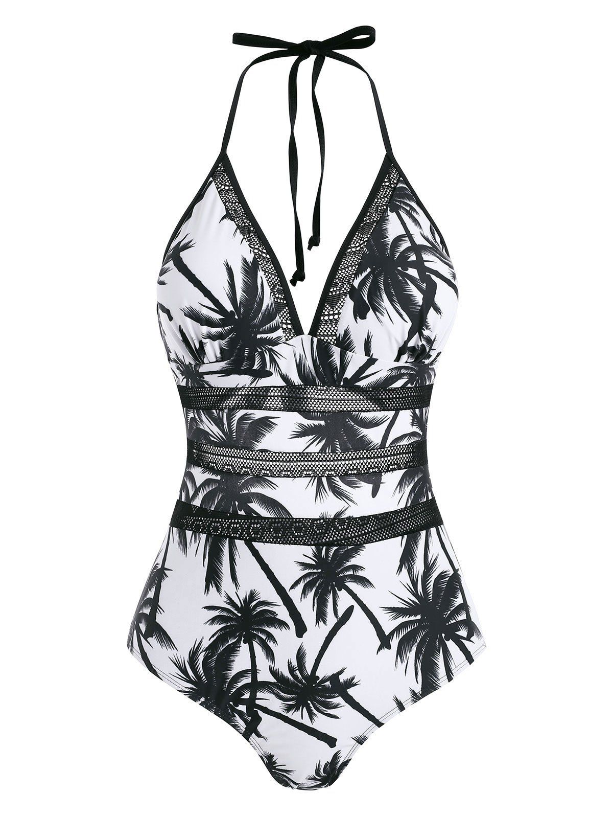 

Crochet Panel Coconut Tree Halter One-piece Swimsuit, Black