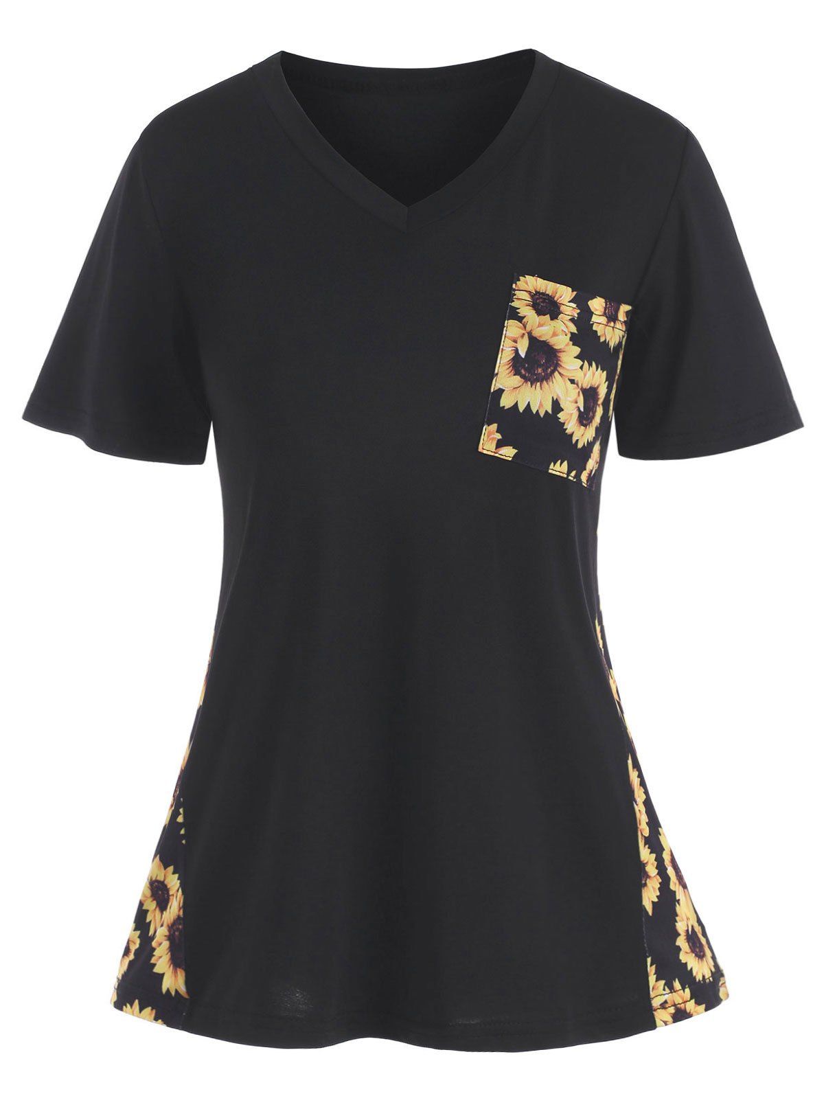 

V Neck Sunflower Leopard Front Pocket Tee, Yellow