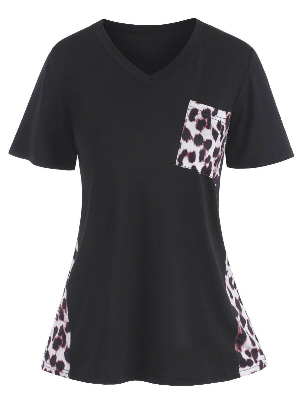 

V Neck Sunflower Leopard Front Pocket Tee, Deep coffee