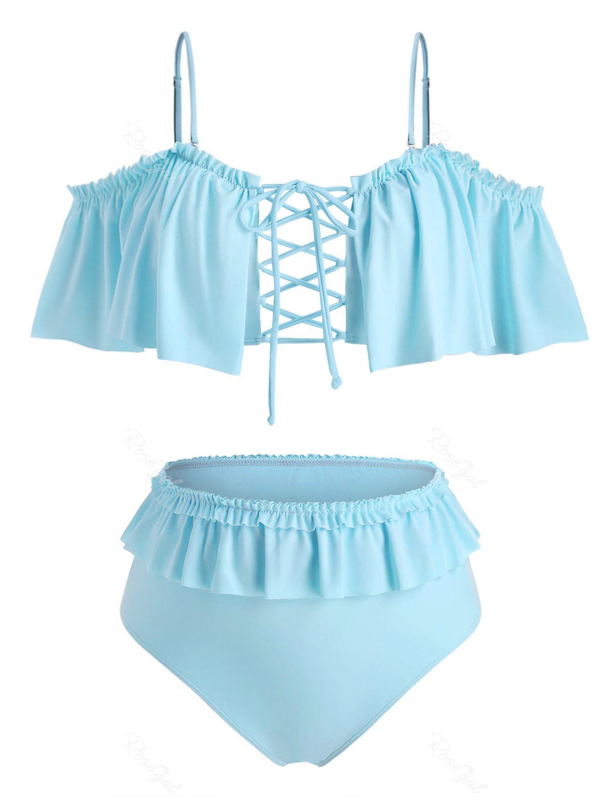 

Plus Size Cold Shoulder Ruffled Lace Up Two Piece Swimwear, Day sky blue