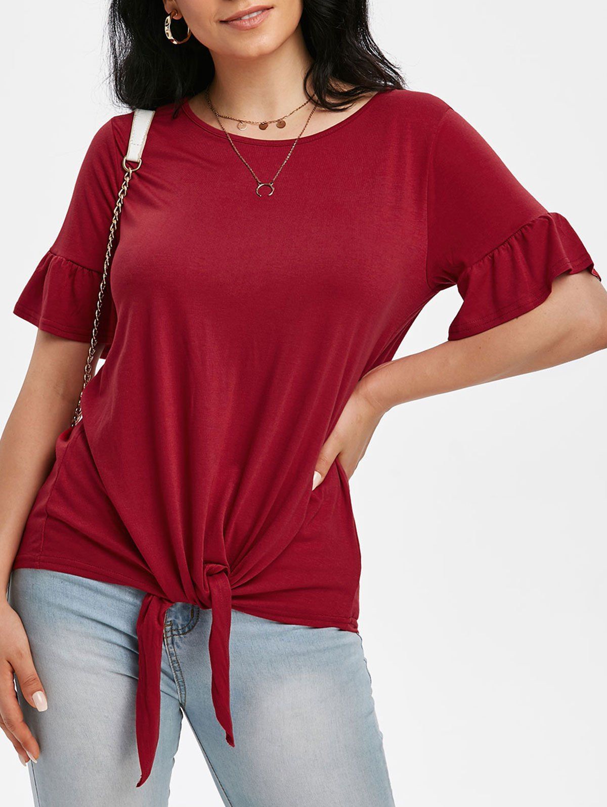 

Ruffled Cuffs Self-tie Top, Deep red