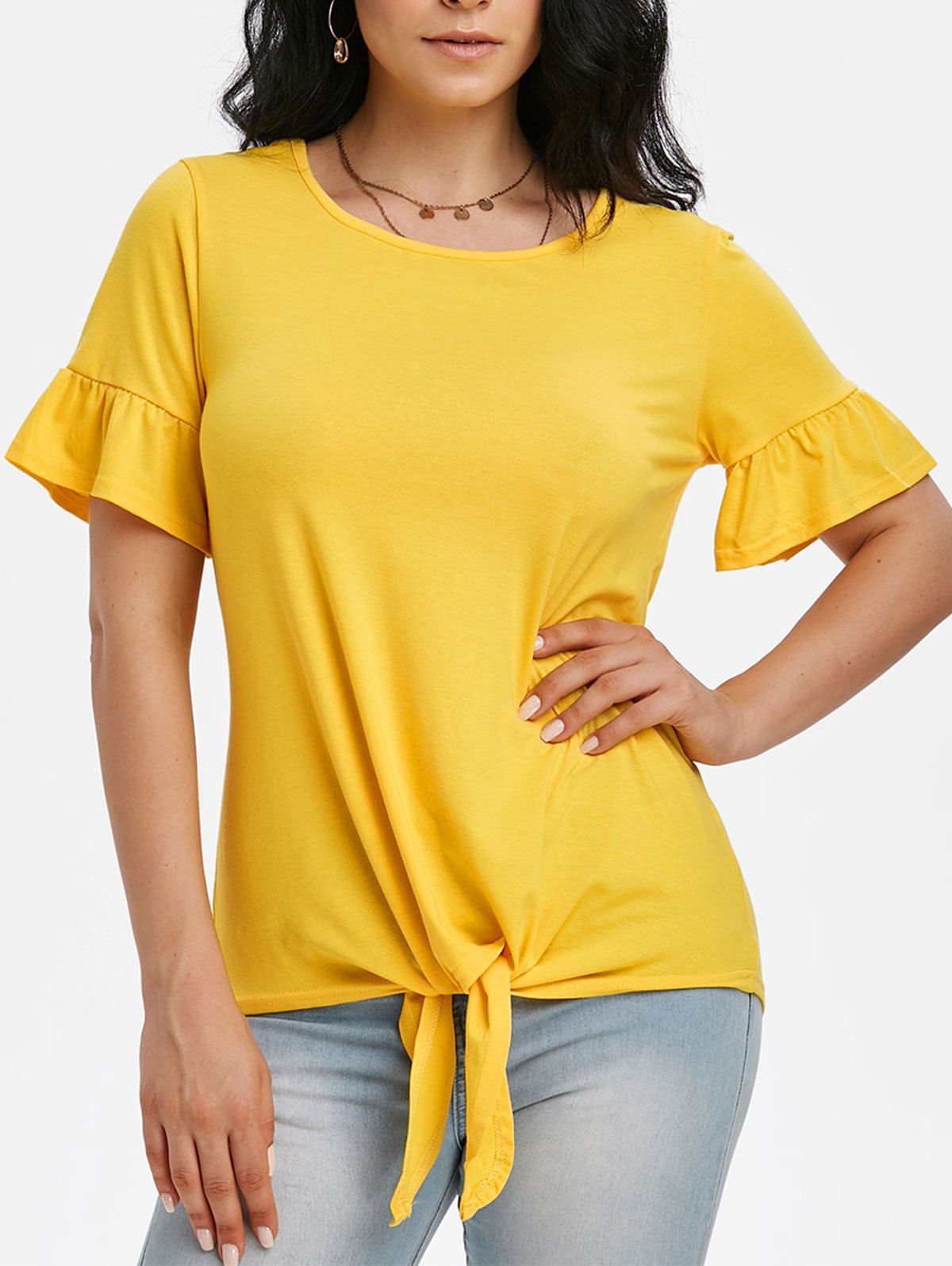

Ruffled Cuffs Self-tie Top, Yellow