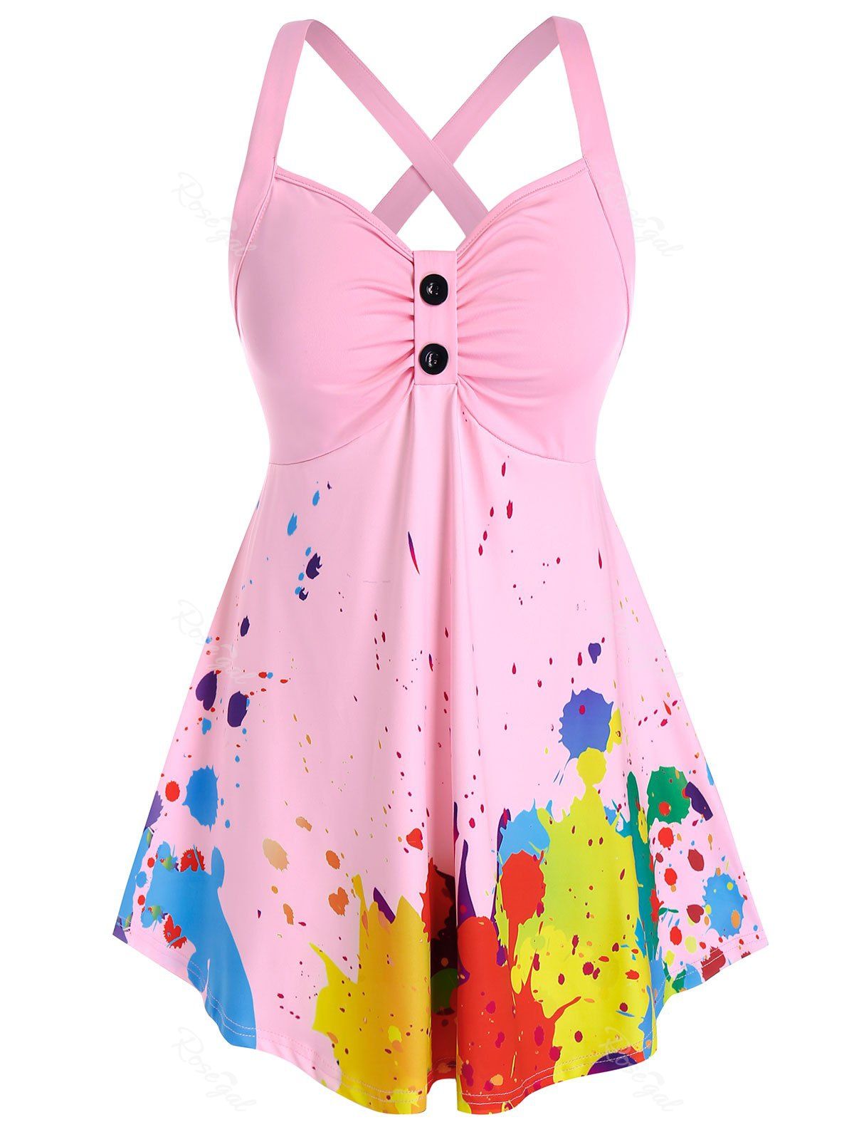 Fancy Plus Size Splatter Paint Crisscross Ruched Tunic Tank Top  